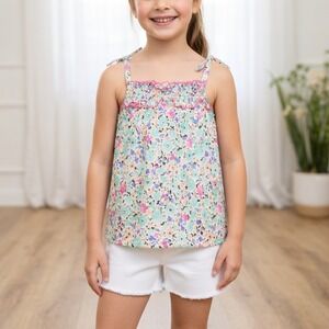 OshKosh Girls Size 8 Floral Smocked Tie Strap Camisole Top Mint Pink Blue